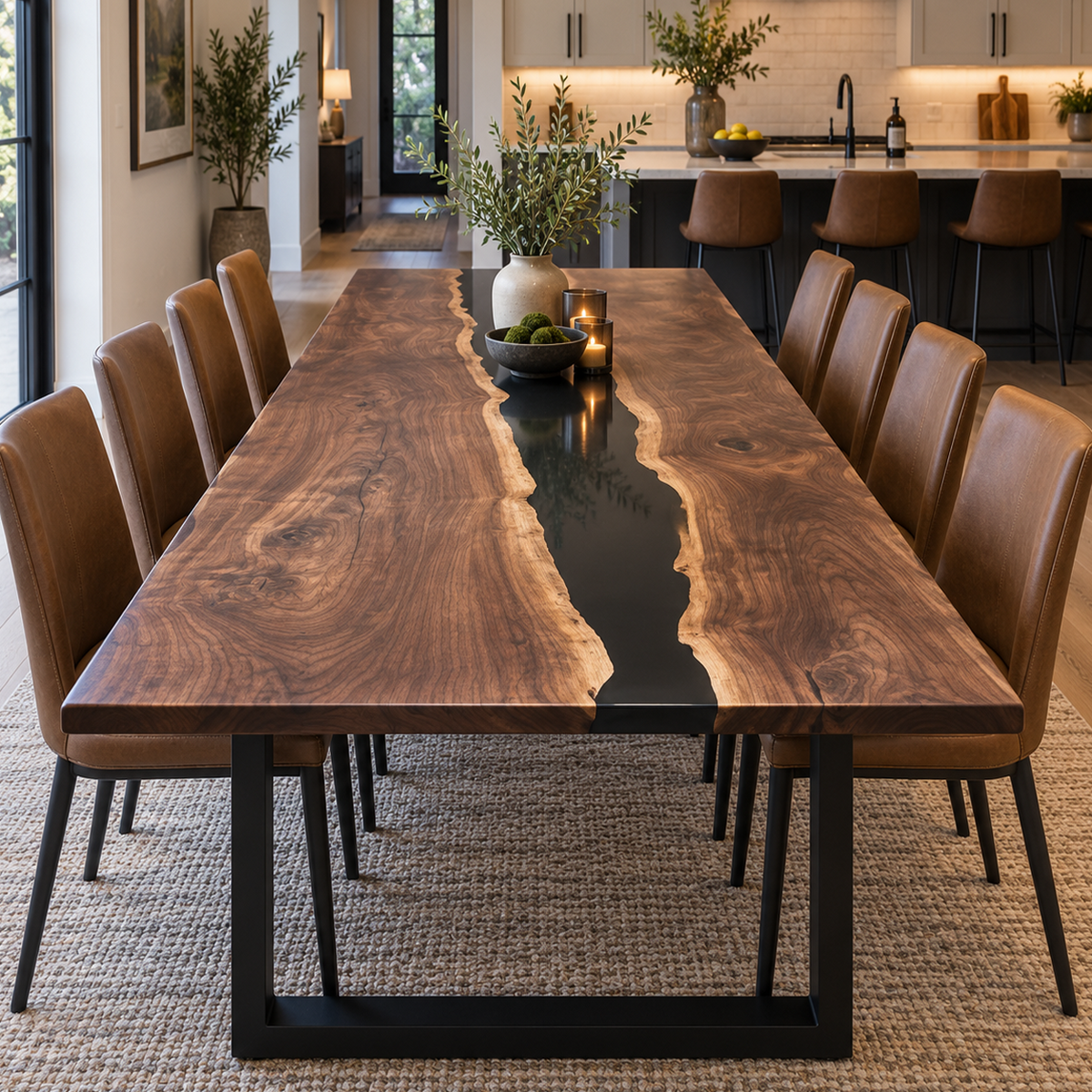 Black Walnut Black Epoxy Dining Table, surface finish close up