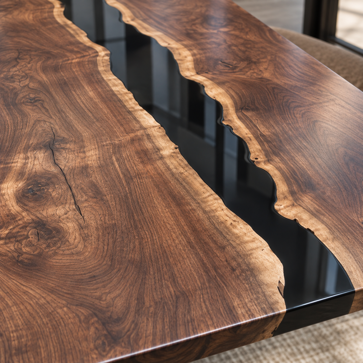 Black Walnut Black Epoxy Dining Table, angled three quarter view