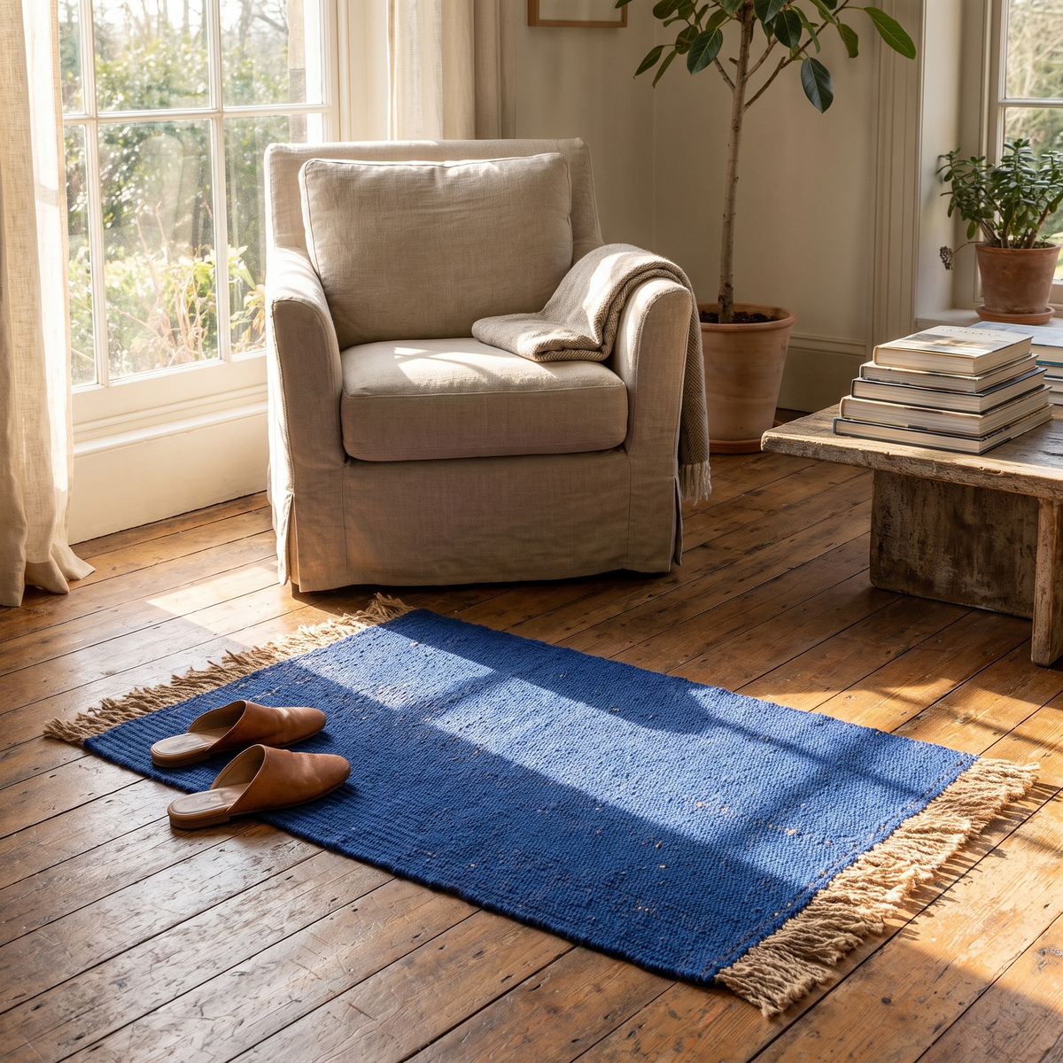 Block Jute Mat, Bright Blue/Natural, styled in a room setting