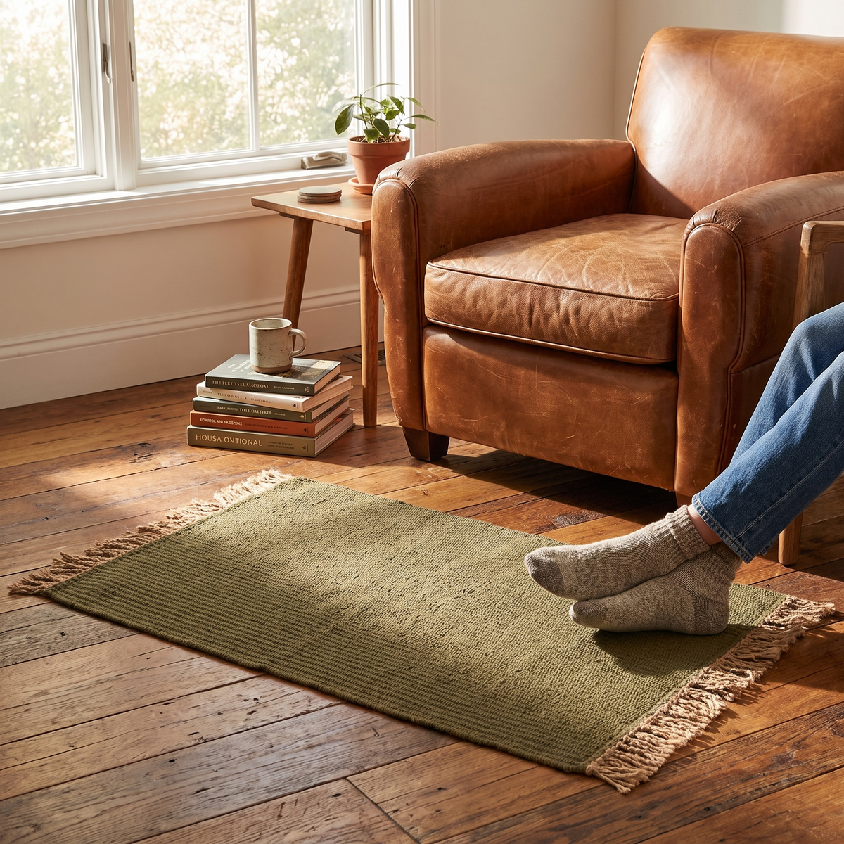 Block Jute Mat, Olive/Natural, styled in a room setting