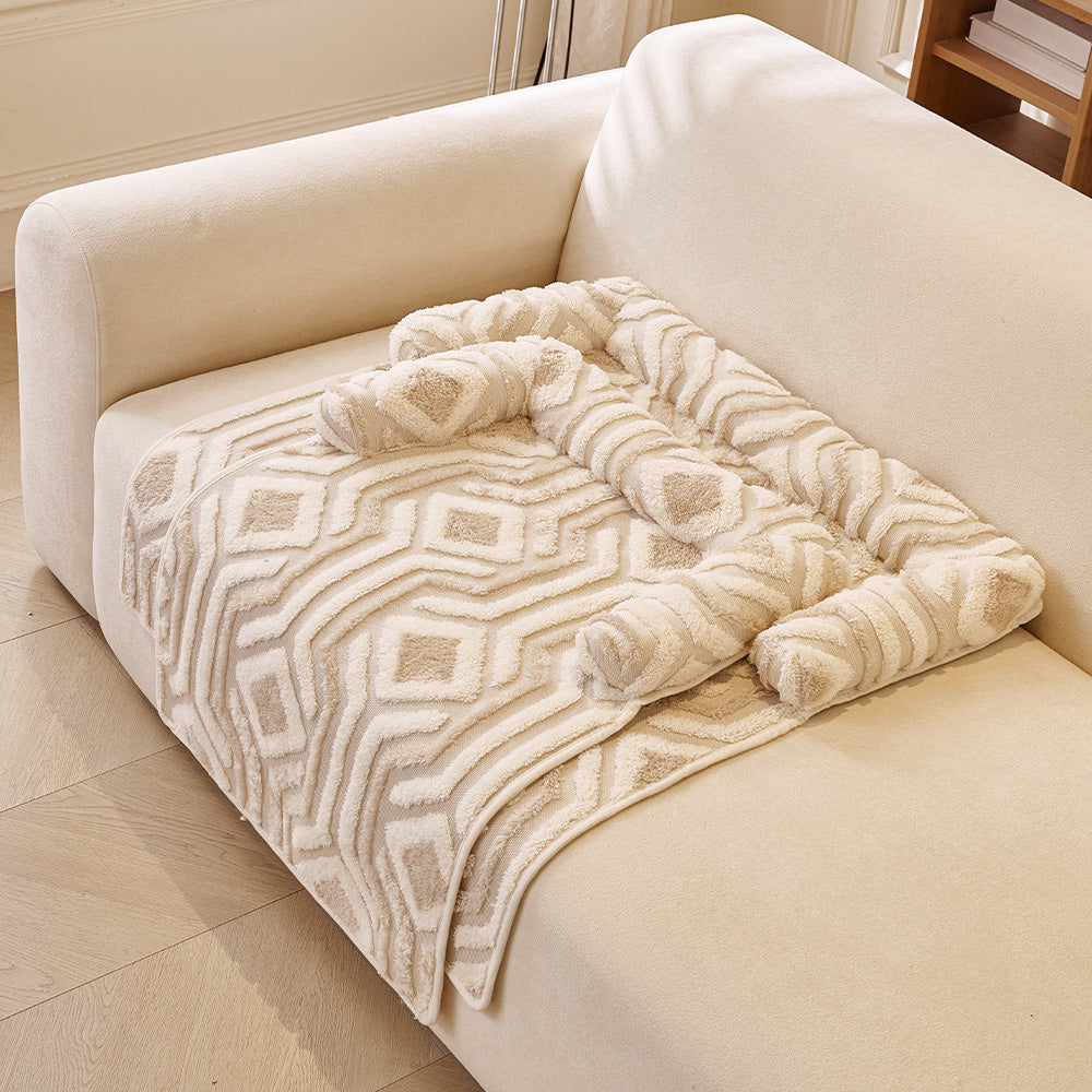 Boho Maze Plush Bolster Pet Sofa Bed, with a pet resting on it