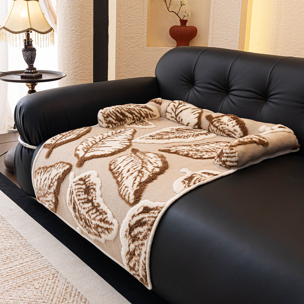 Botanical Leaf Plush Bolster Pet Sofa Bed, cocoa finish