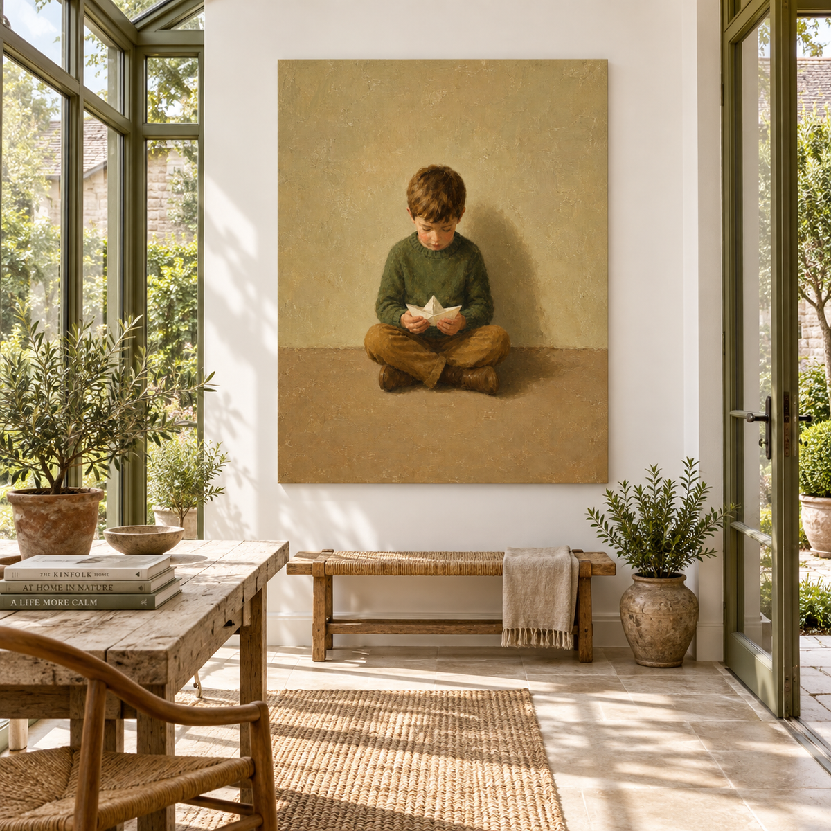Boy in Green with Paper Boat Canvas Art, framed and hung on a wall