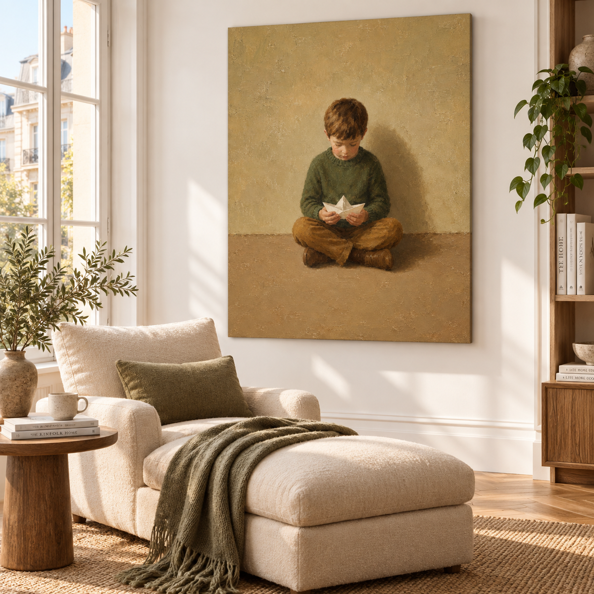 Boy in Green with Paper Boat Canvas Art, brush and texture close up