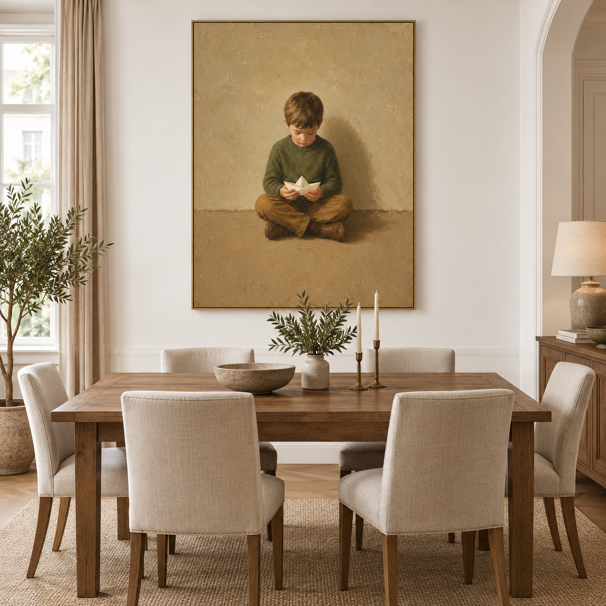 Boy in Green with Paper Boat Canvas Art, styled above a sofa