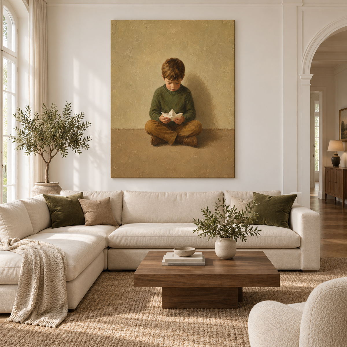 Boy in Green with Paper Boat Canvas Art, scale in a living room