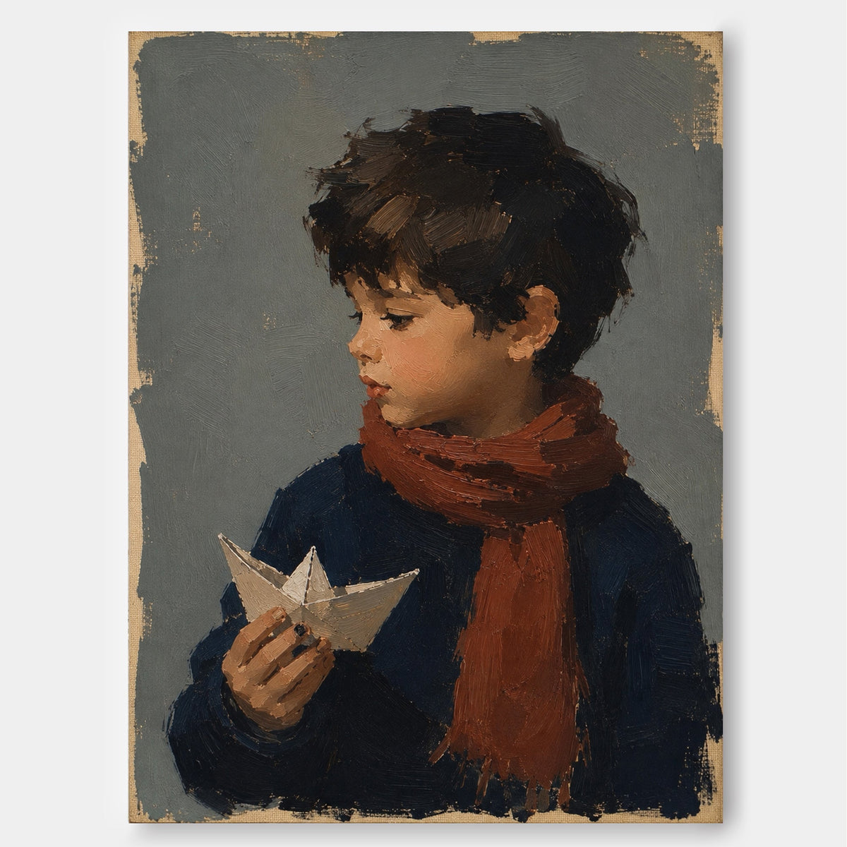 Boy with Paper Boat Canvas Art in Rust, full print view