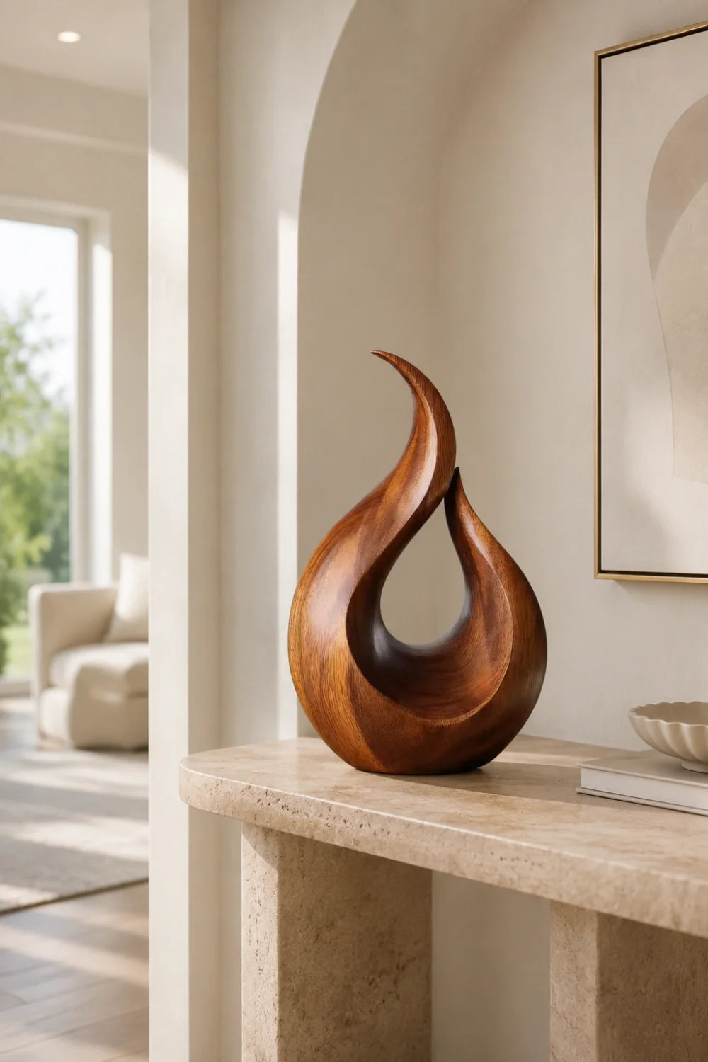 Cairn Abstract Wood Sculpture, angled three quarter view