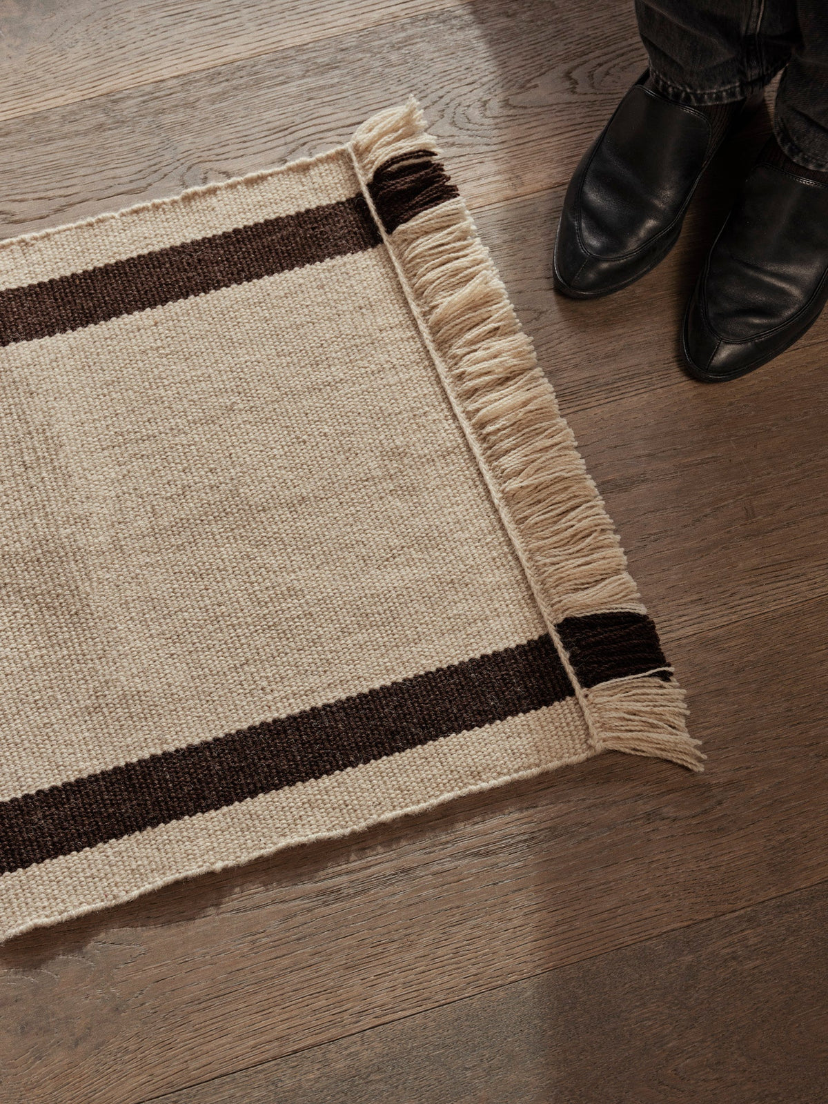 Calm Kelim Mat, Off-White/Coffee, pile and weave texture close up