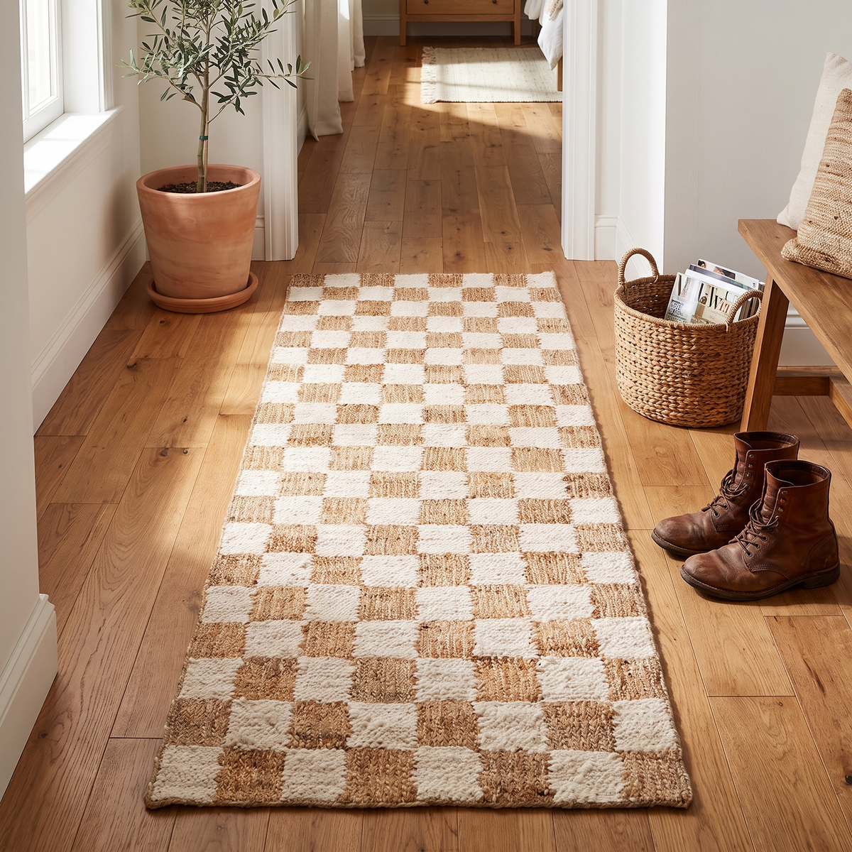Check Wool Jute Runner, Off-White/Natural, styled in a room setting