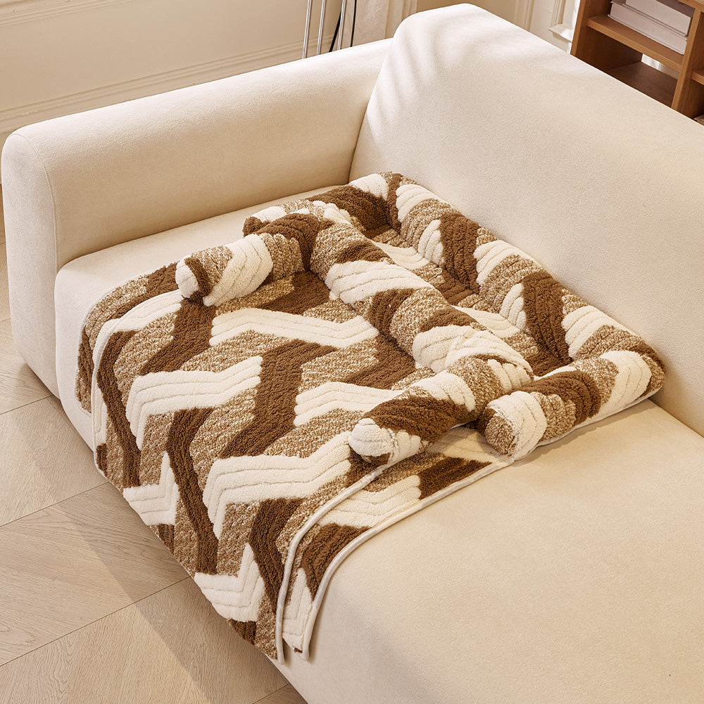 Chevron Plush Bolster Pet Sofa Bed, corner and stitching detail