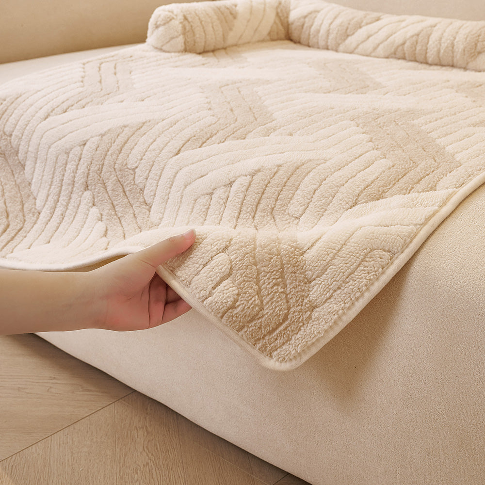 Chevron Plush Bolster Pet Sofa Bed, scale beside furniture
