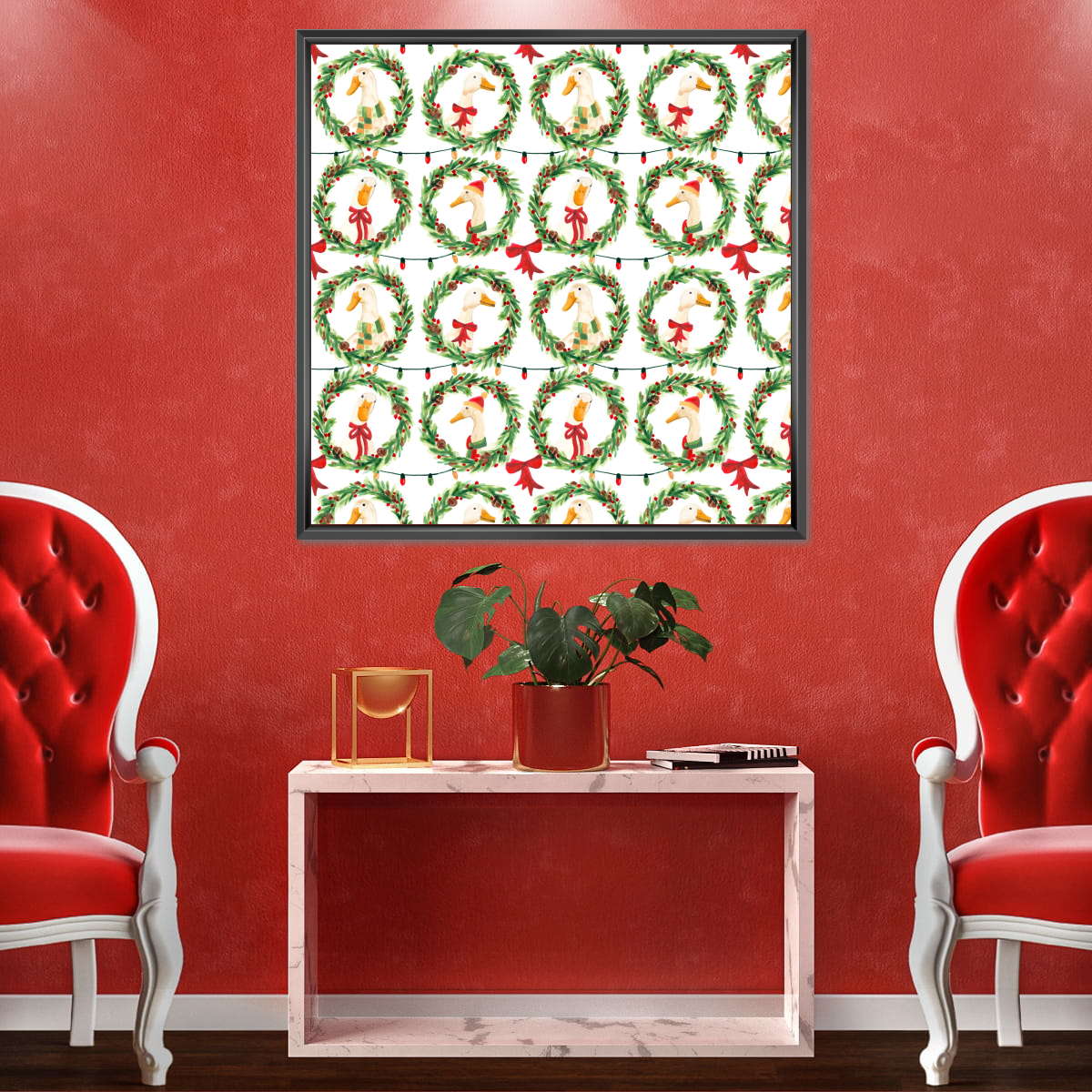 Christmas Geese in Holiday Wreaths Pattern Wall Art, brush and texture close up