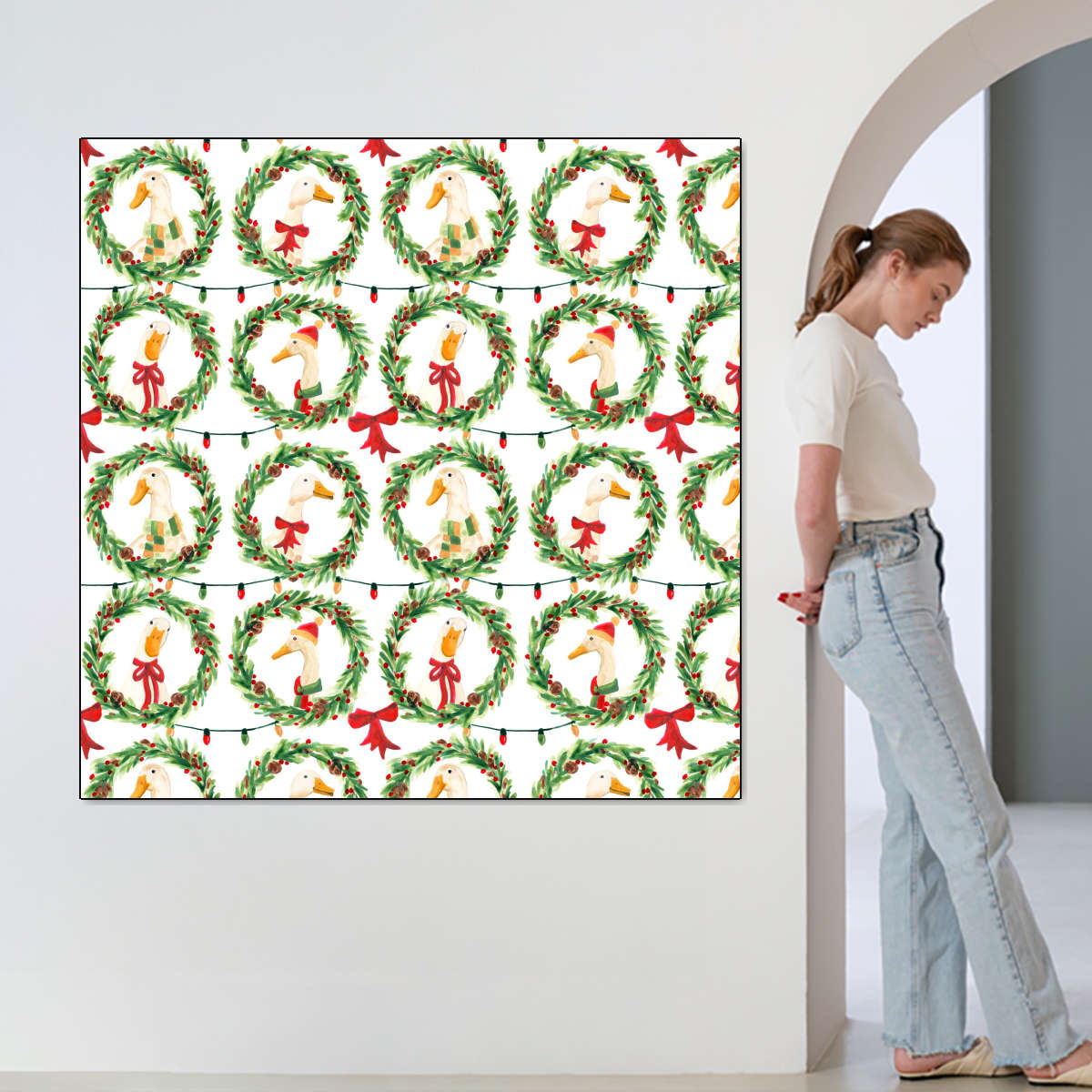 Christmas Geese in Holiday Wreaths Pattern Wall Art, framed view