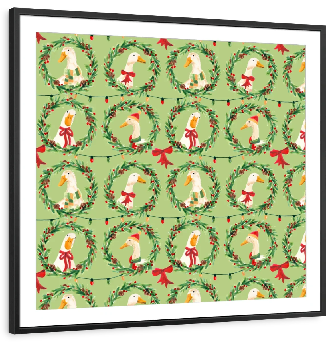 Christmas Geese Wreath Pattern on Green Wall Art, scale in a living room