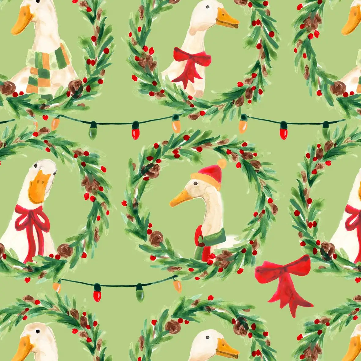 Christmas Geese Wreath Pattern on Green Wall Art, edge and border detail