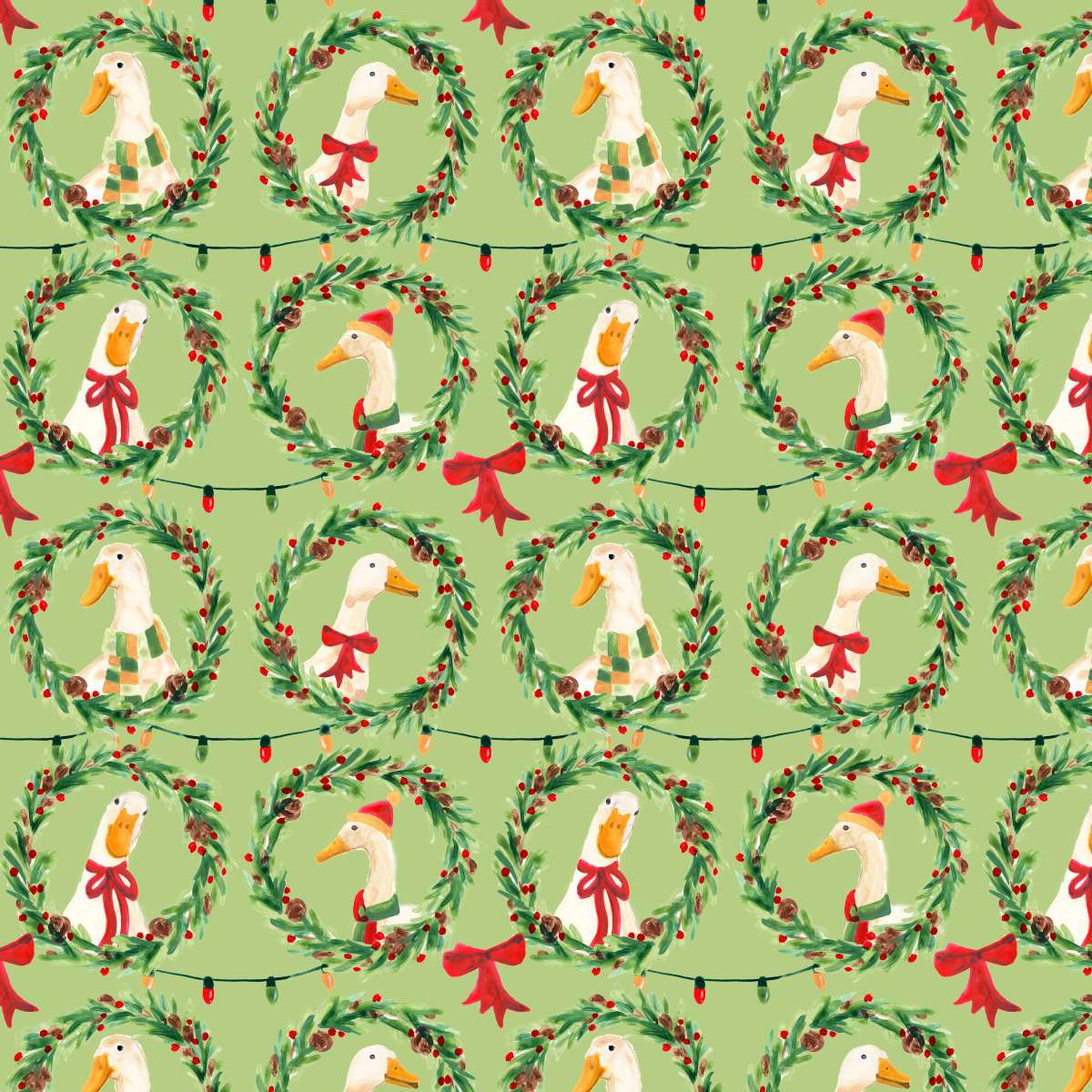 Christmas Geese Wreath Pattern on Green Wall Art, framed and hung on a wall