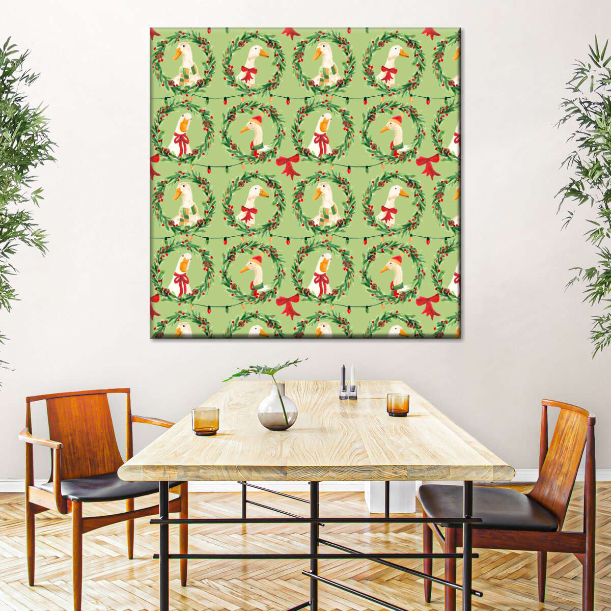 Christmas Geese Wreath Pattern on Green Wall Art, styled in a dining room