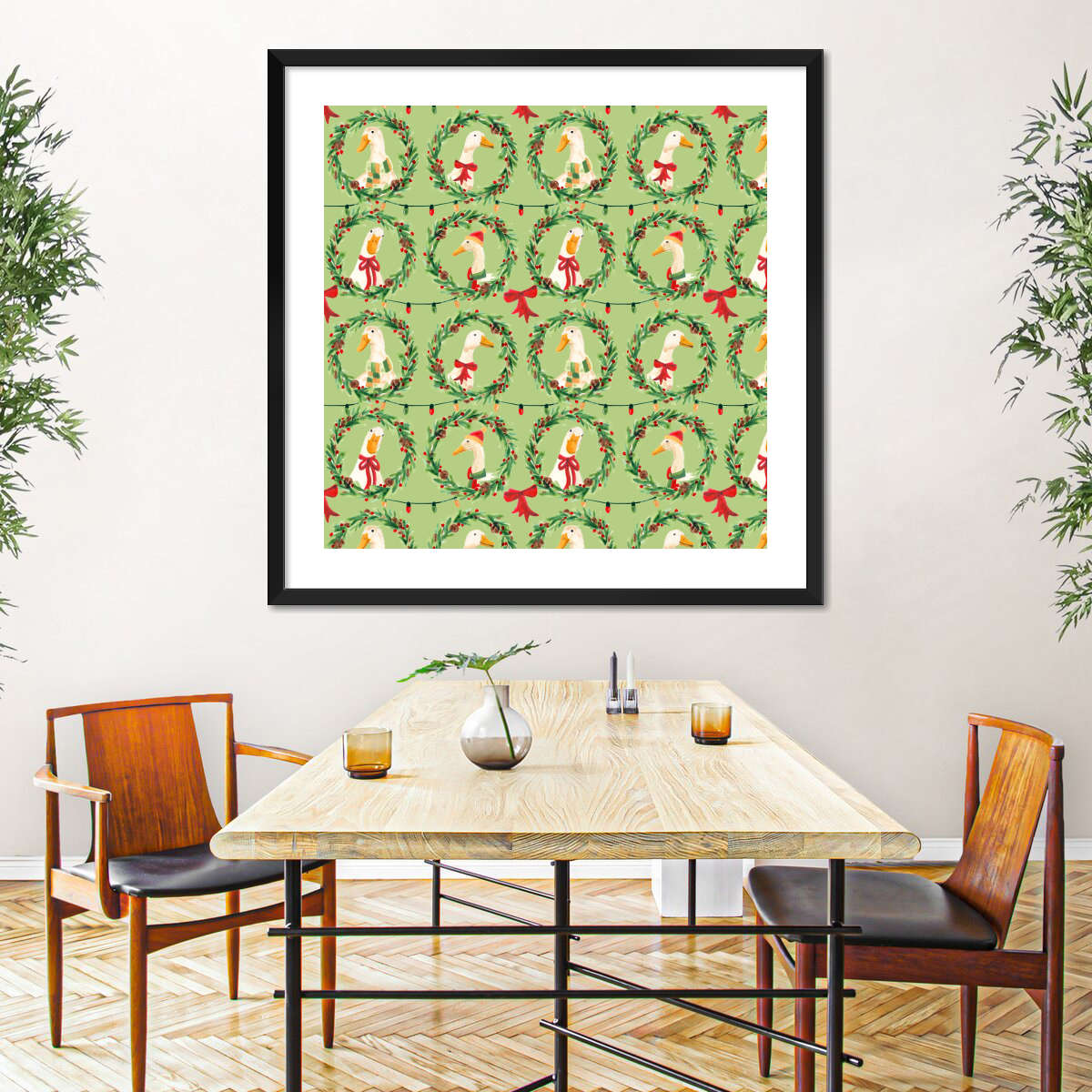 Christmas Geese Wreath Pattern on Green Wall Art, styled above a sofa