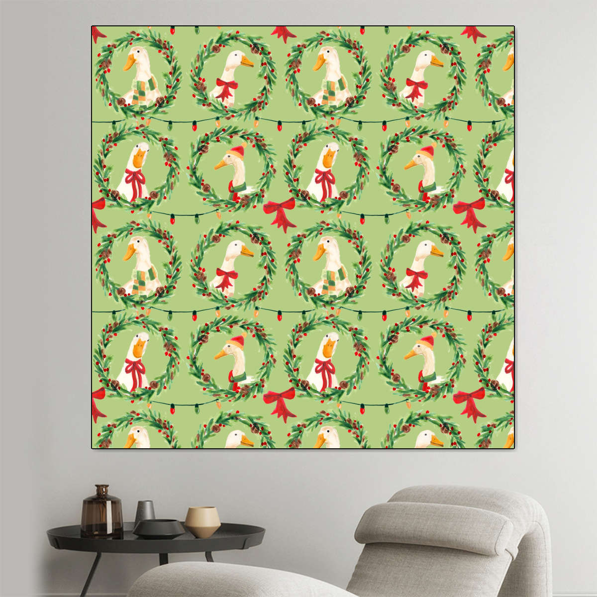Christmas Geese Wreath Pattern on Green Wall Art, framed view