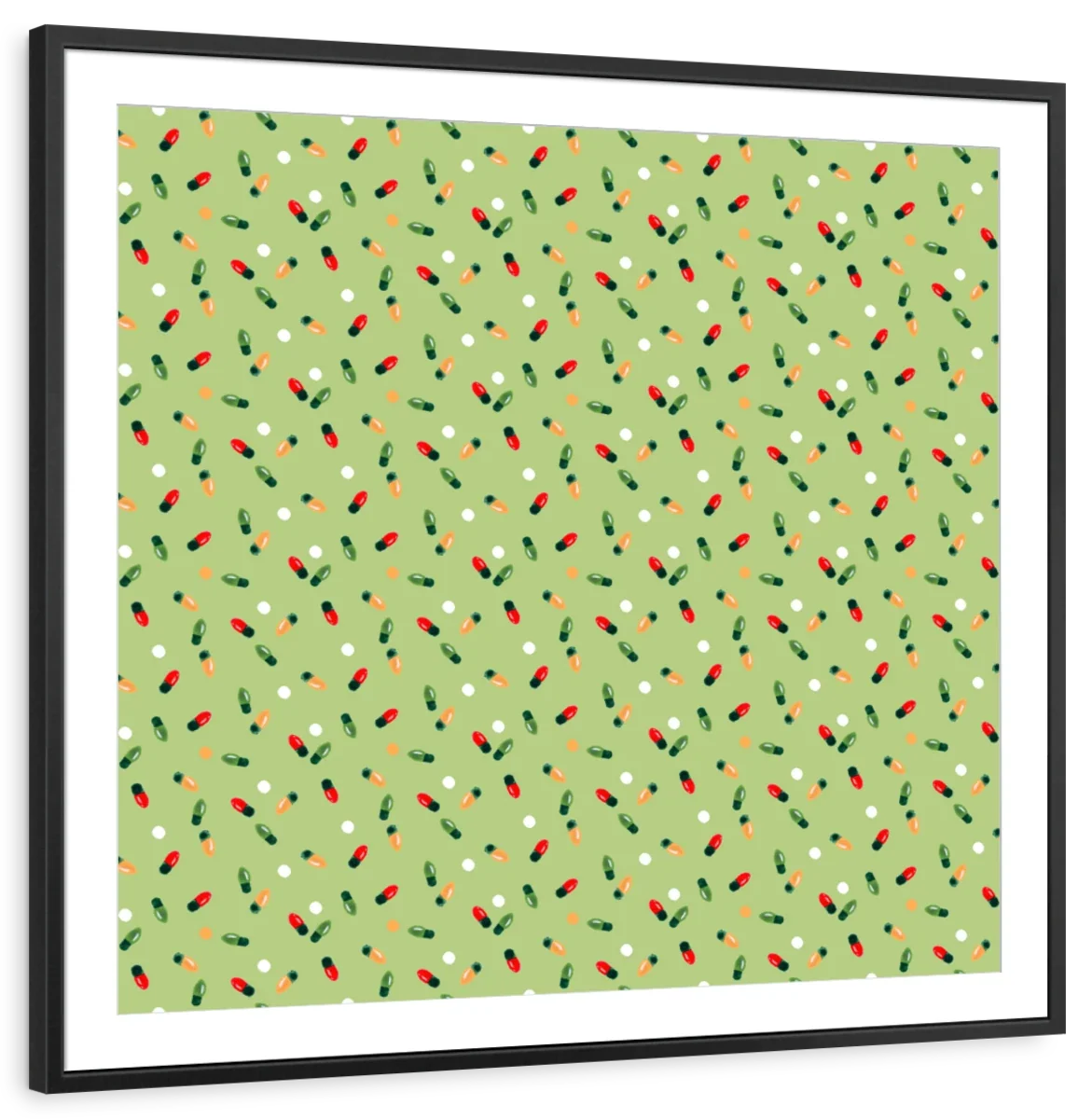 Christmas Lights Scatter Pattern on Sage Green Wall Art, scale in a living room