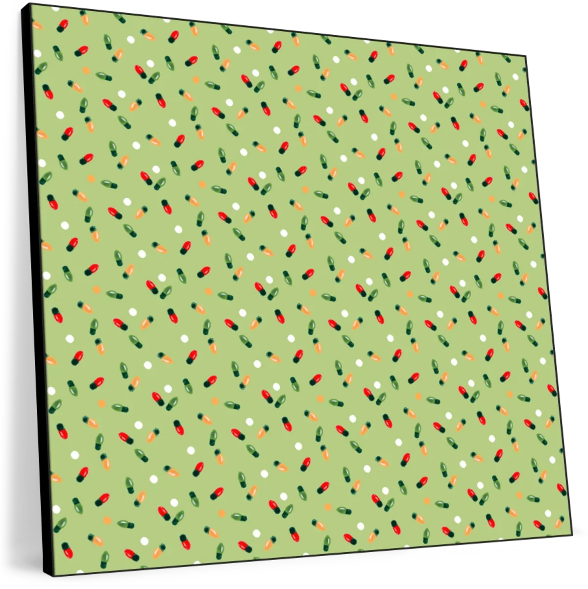 Christmas Lights Scatter Pattern on Sage Green Wall Art, styled in a hallway
