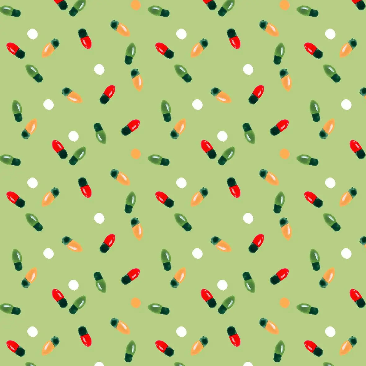 Christmas Lights Scatter Pattern on Sage Green Wall Art, edge and border detail