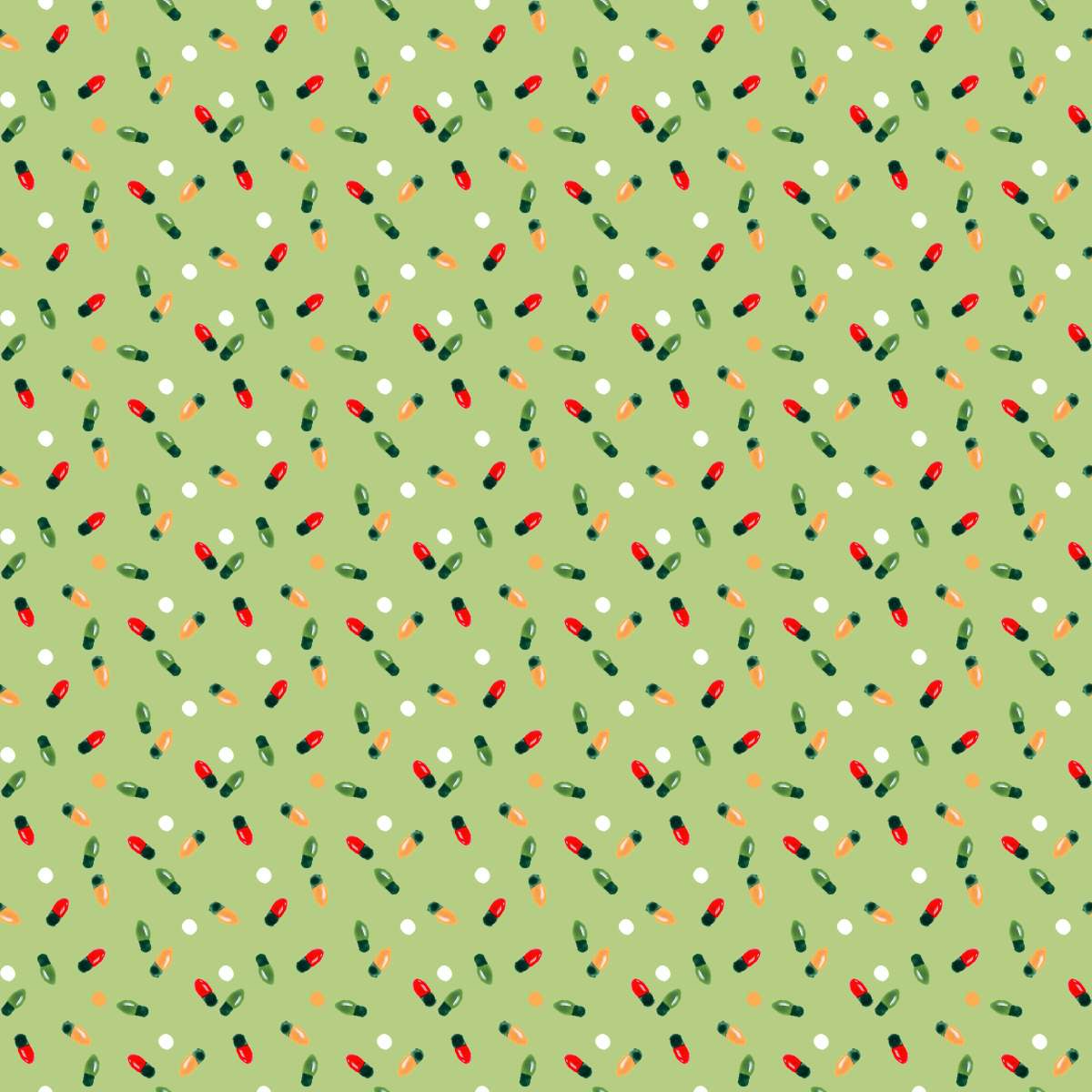 Christmas Lights Scatter Pattern on Sage Green Wall Art, framed and hung on a wall