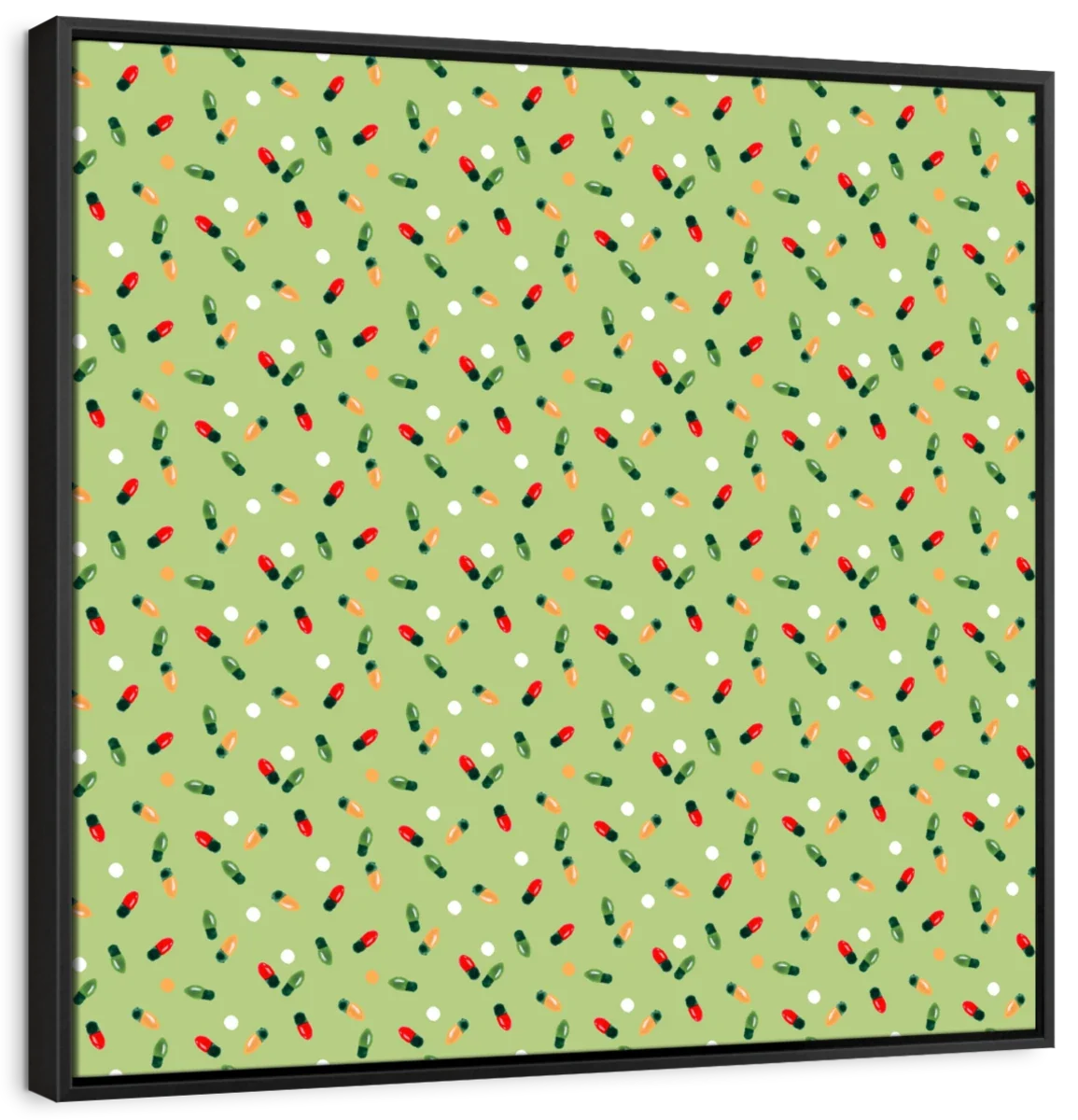 Christmas Lights Scatter Pattern on Sage Green Wall Art, floating frame view