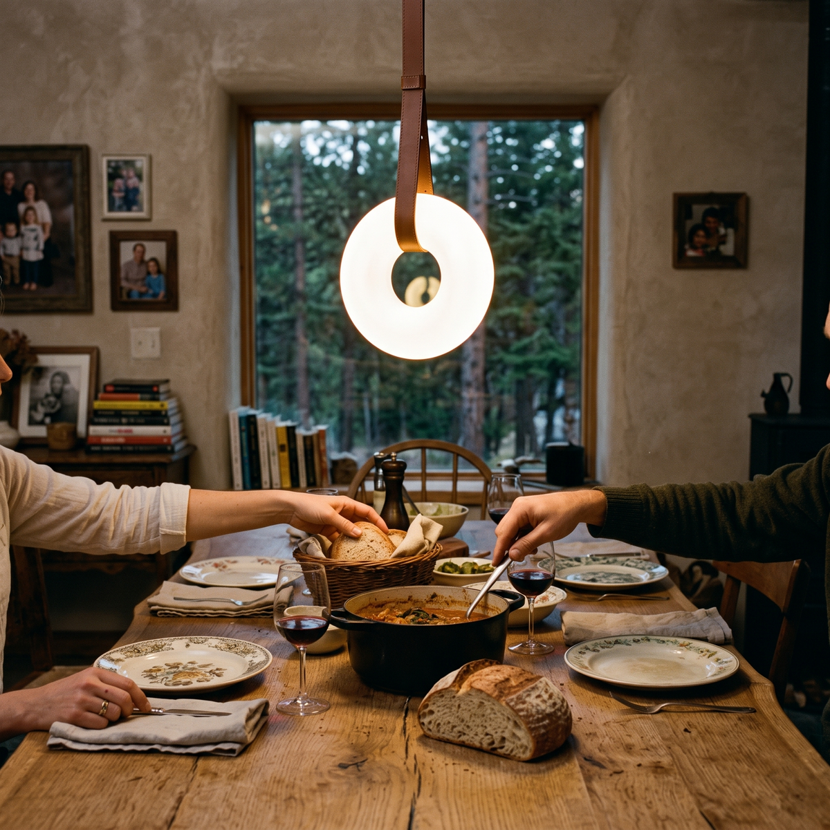 Cingeto Alabaster Pendant Light, lit and hanging in a styled room