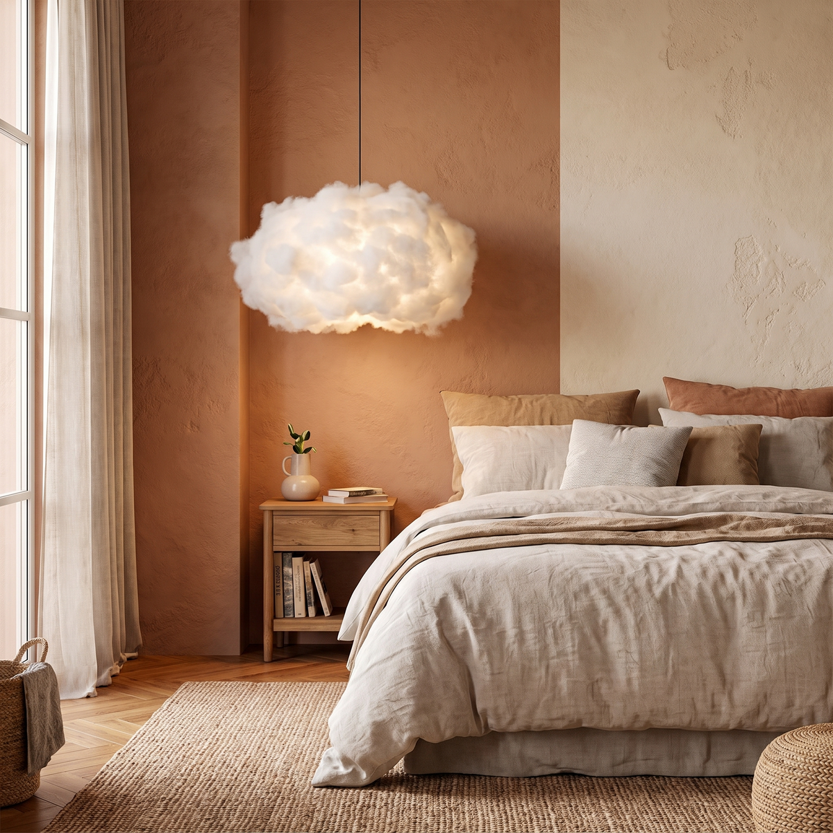 Cloud Nine Metal Pendant Light, lit and hanging in a styled room