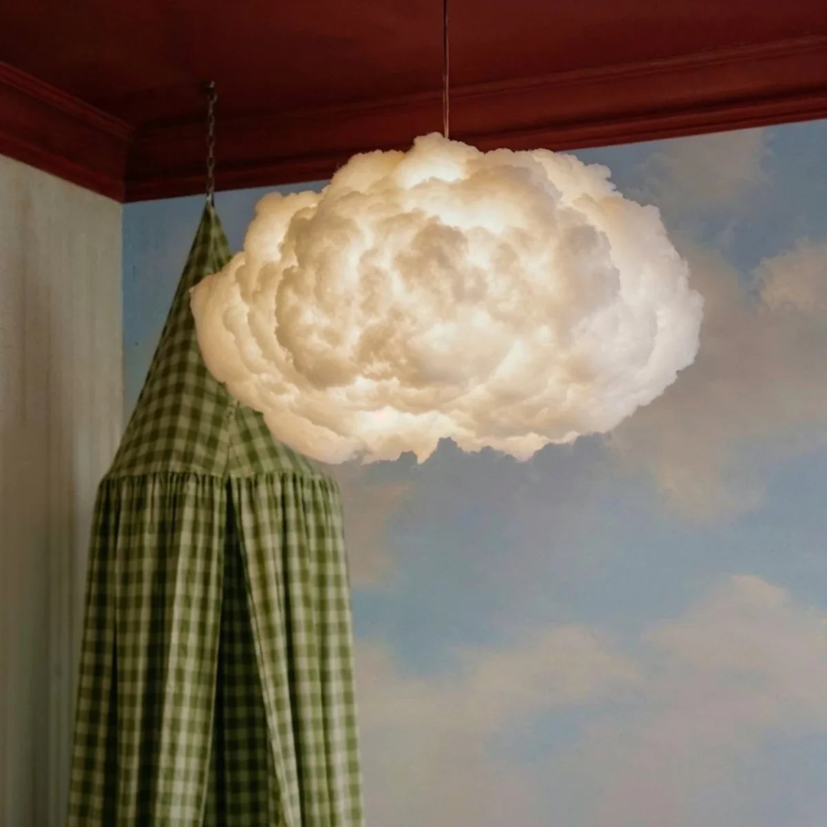 Cloud Nine Metal Pendant Light, third lit and hanging in a styled room