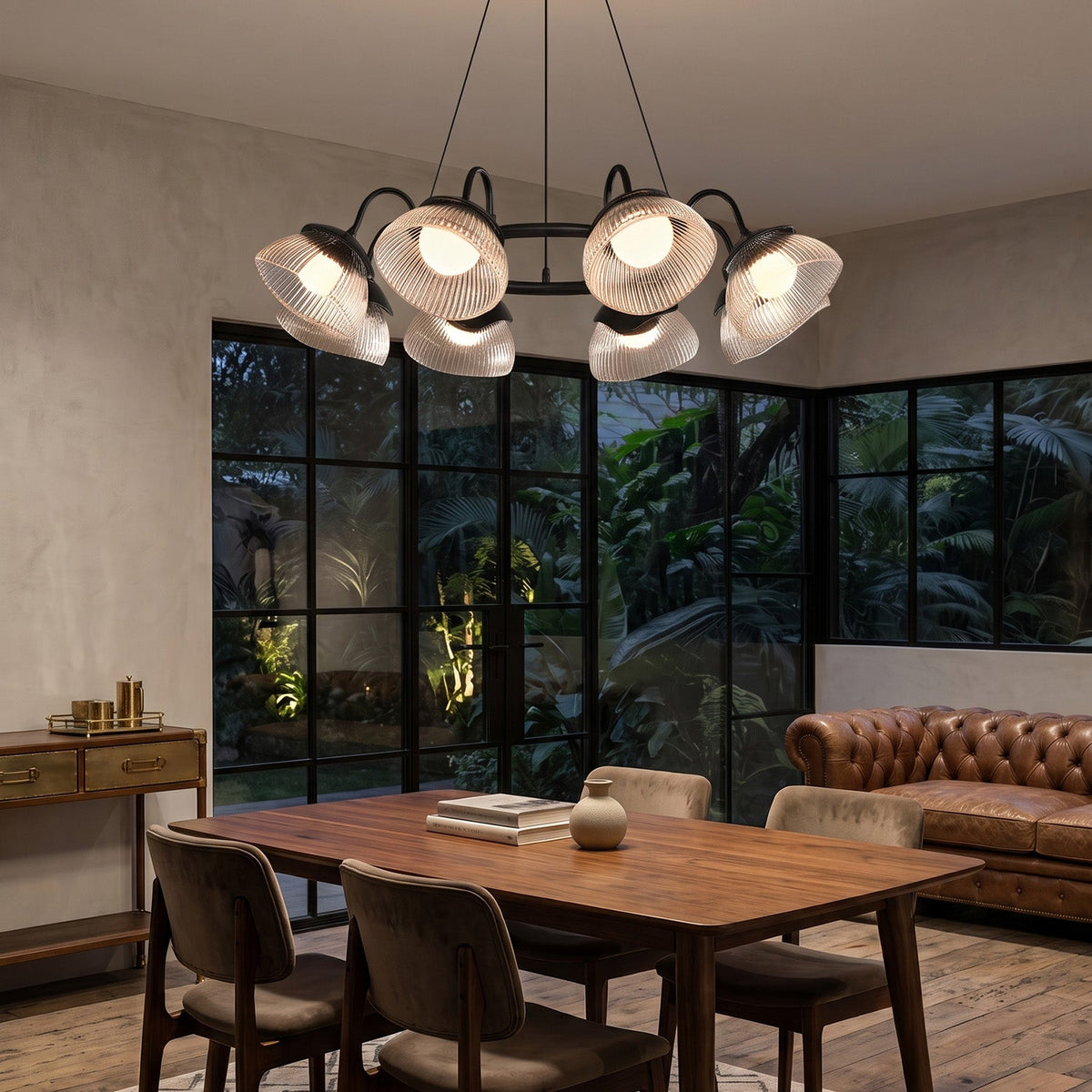 Coronis Fluted Glass LED Chandelier, angled three quarter view