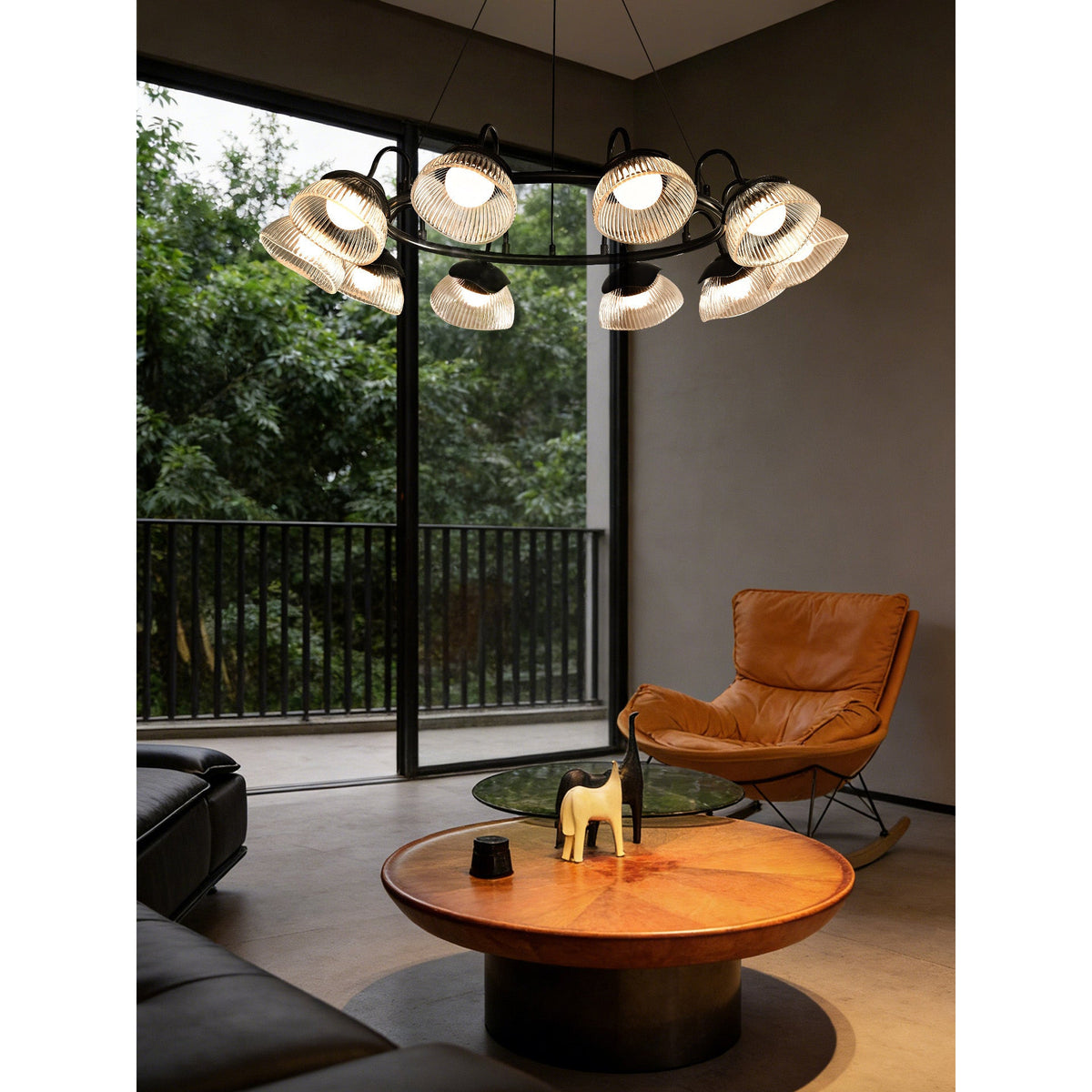 Coronis Fluted Glass LED Chandelier, second canopy and stem detail