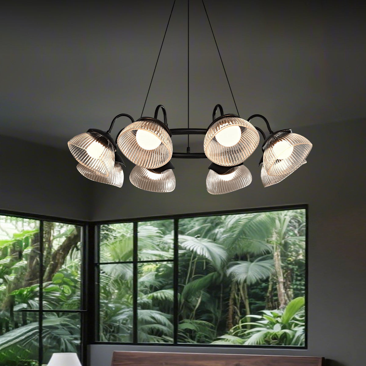 Coronis Fluted Glass LED Chandelier, full fixture from the front