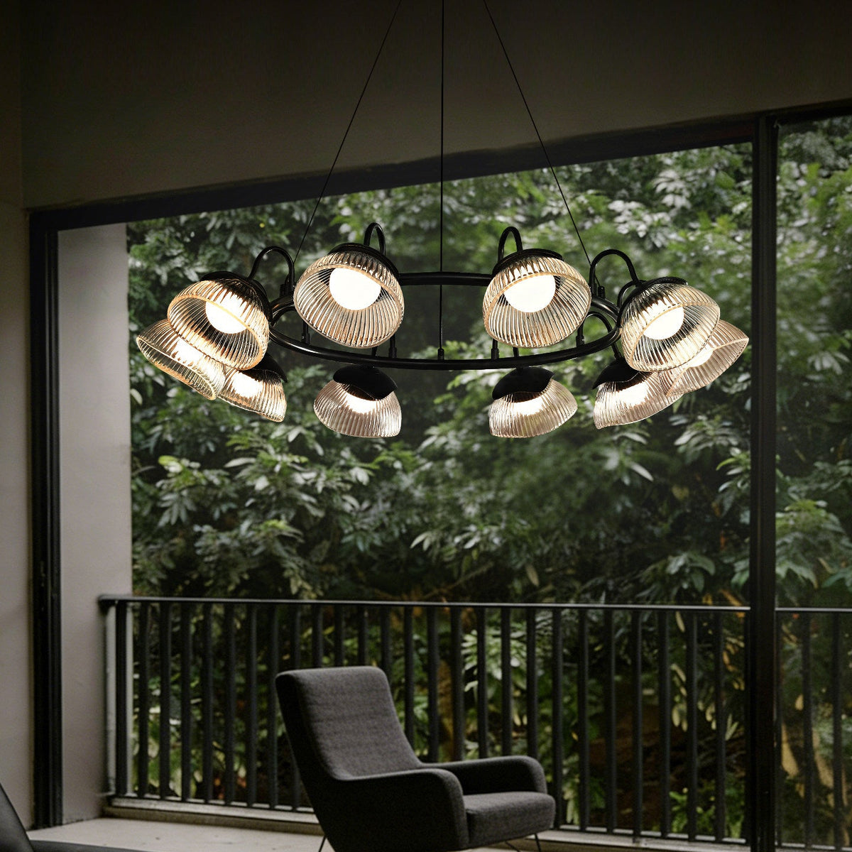 Coronis Fluted Glass LED Chandelier, canopy and stem detail