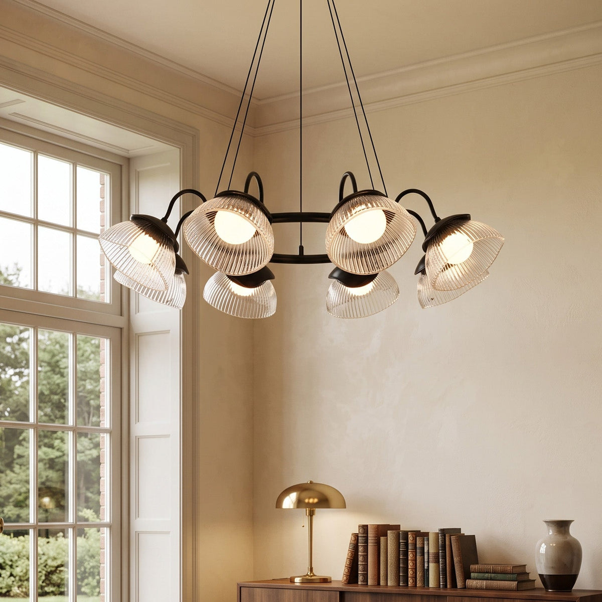 Coronis Fluted Glass LED Chandelier, unlit detail view