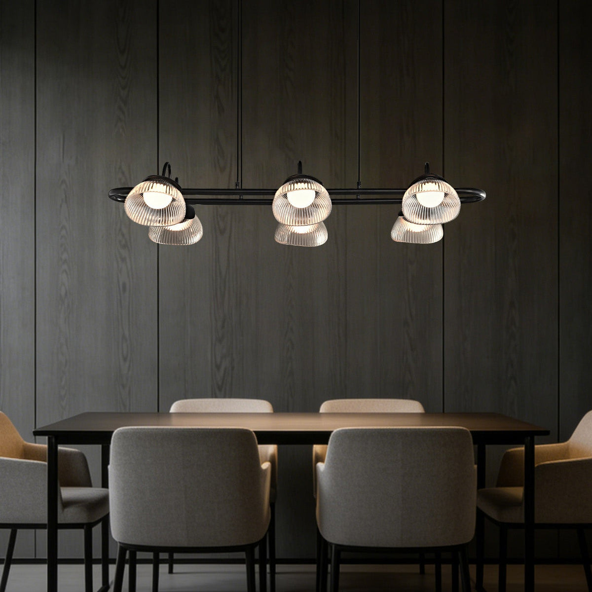 Coronis Linear Fluted Glass LED Chandelier, second lit in a styled room