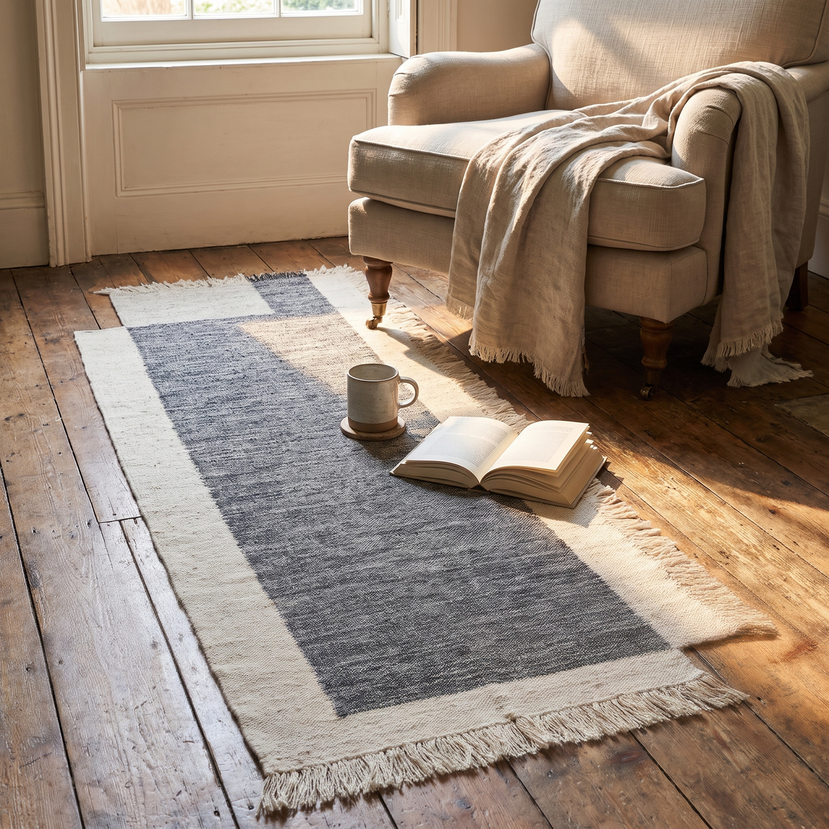Counter Natural Fibre Runner, Charcoal/Off-white, styled in a room setting