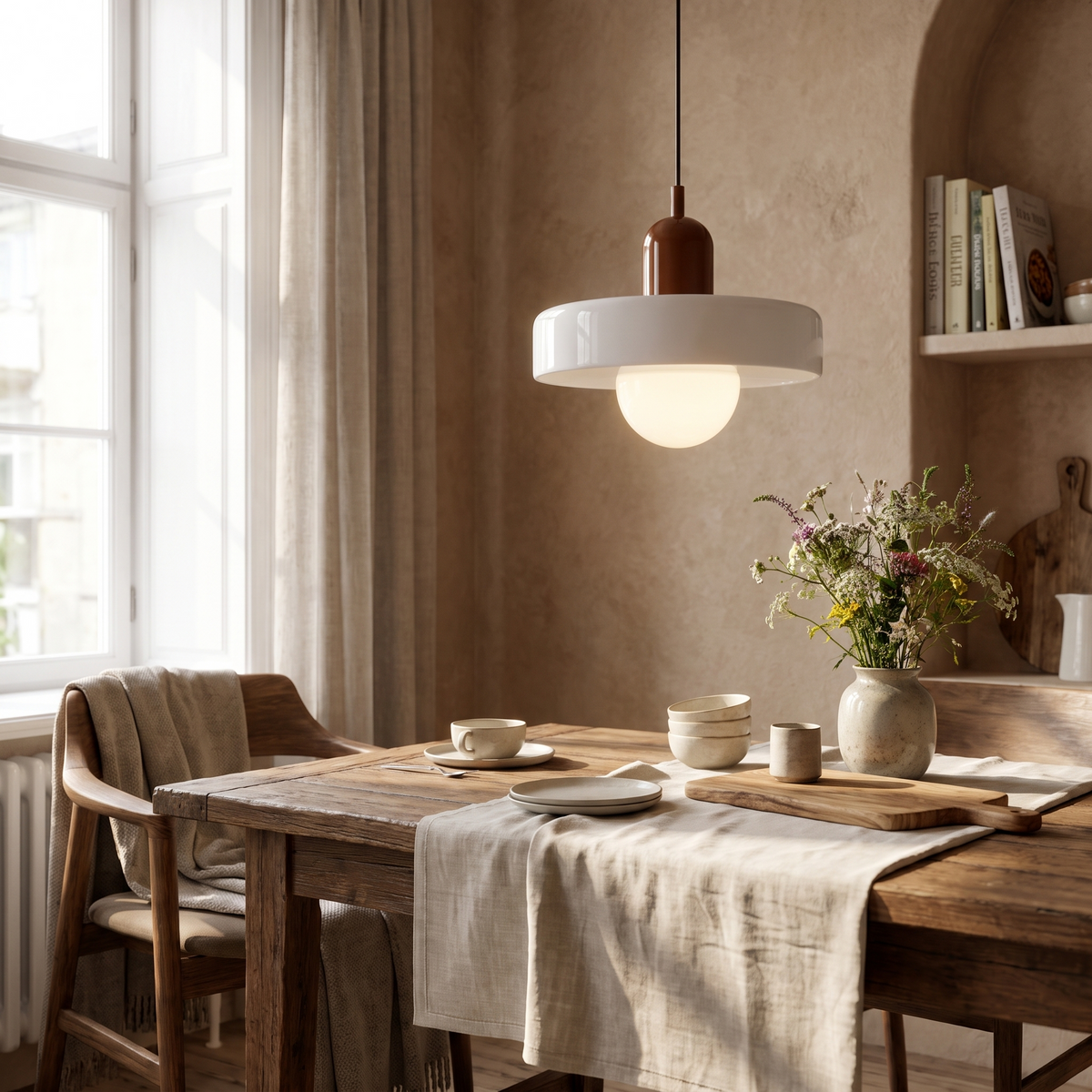 Cride Metal Pendant Light, lit and hanging in a styled room