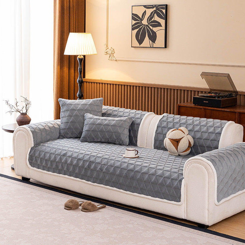Crystal Velvet Quilted Sofa Protector, draped and styled view