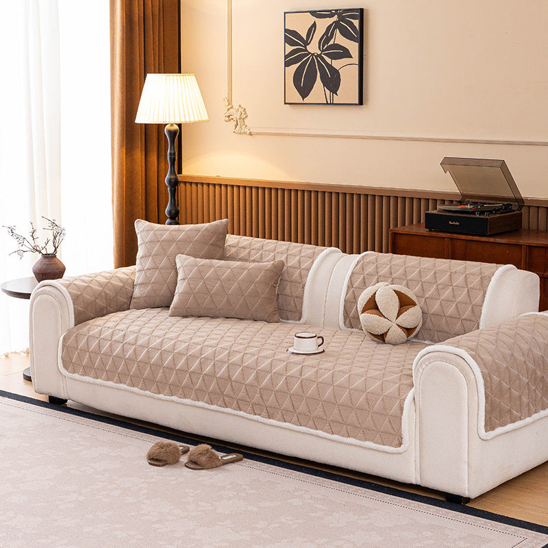 Crystal Velvet Quilted Sofa Protector, styled in a living space