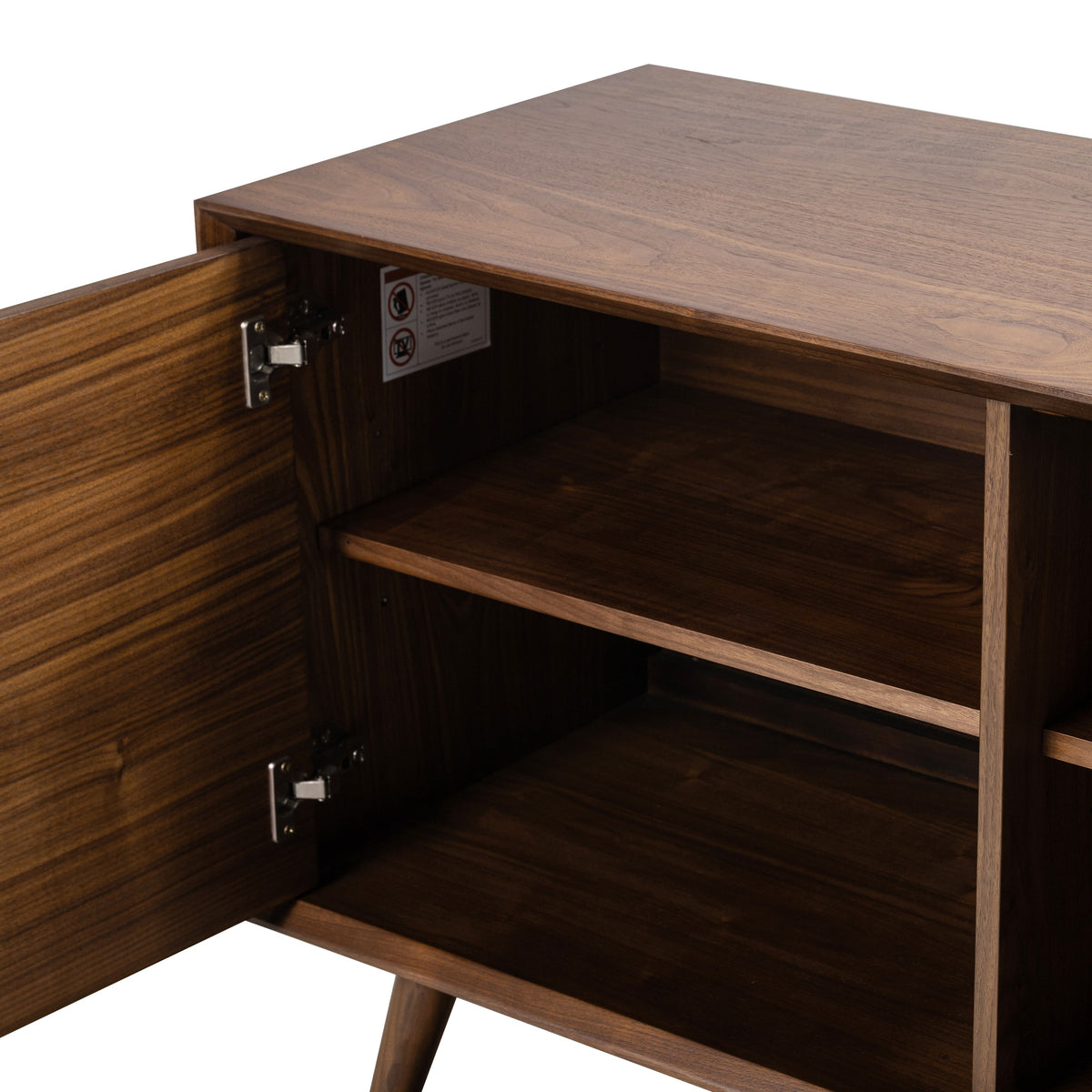 Cura 71" Walnut Sideboard, second open door and storage view