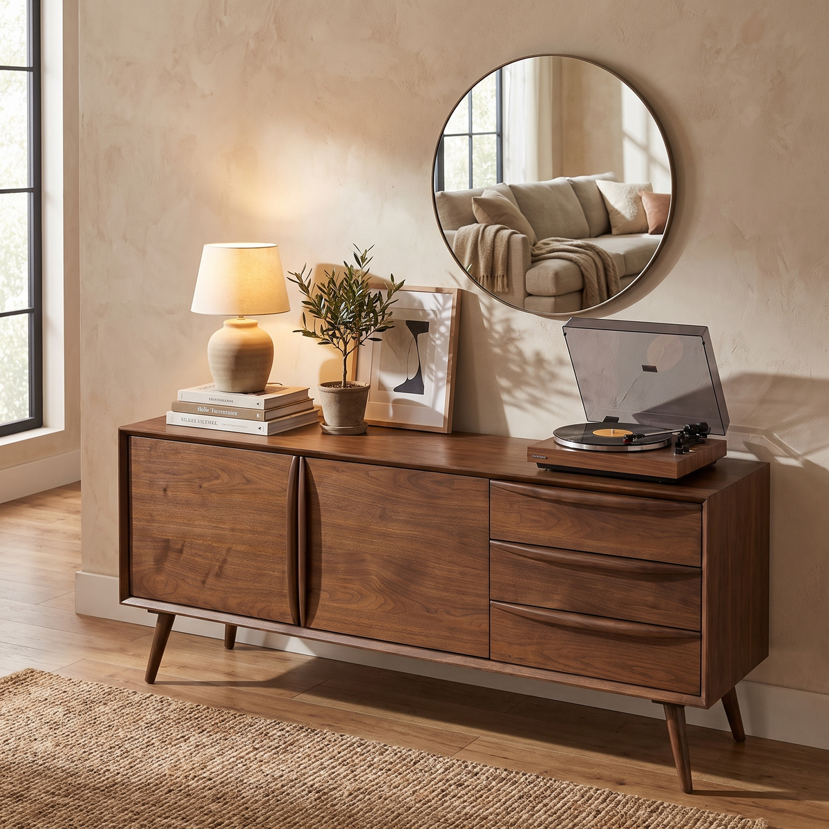 Cura 71" Walnut Sideboard, styled in a living space