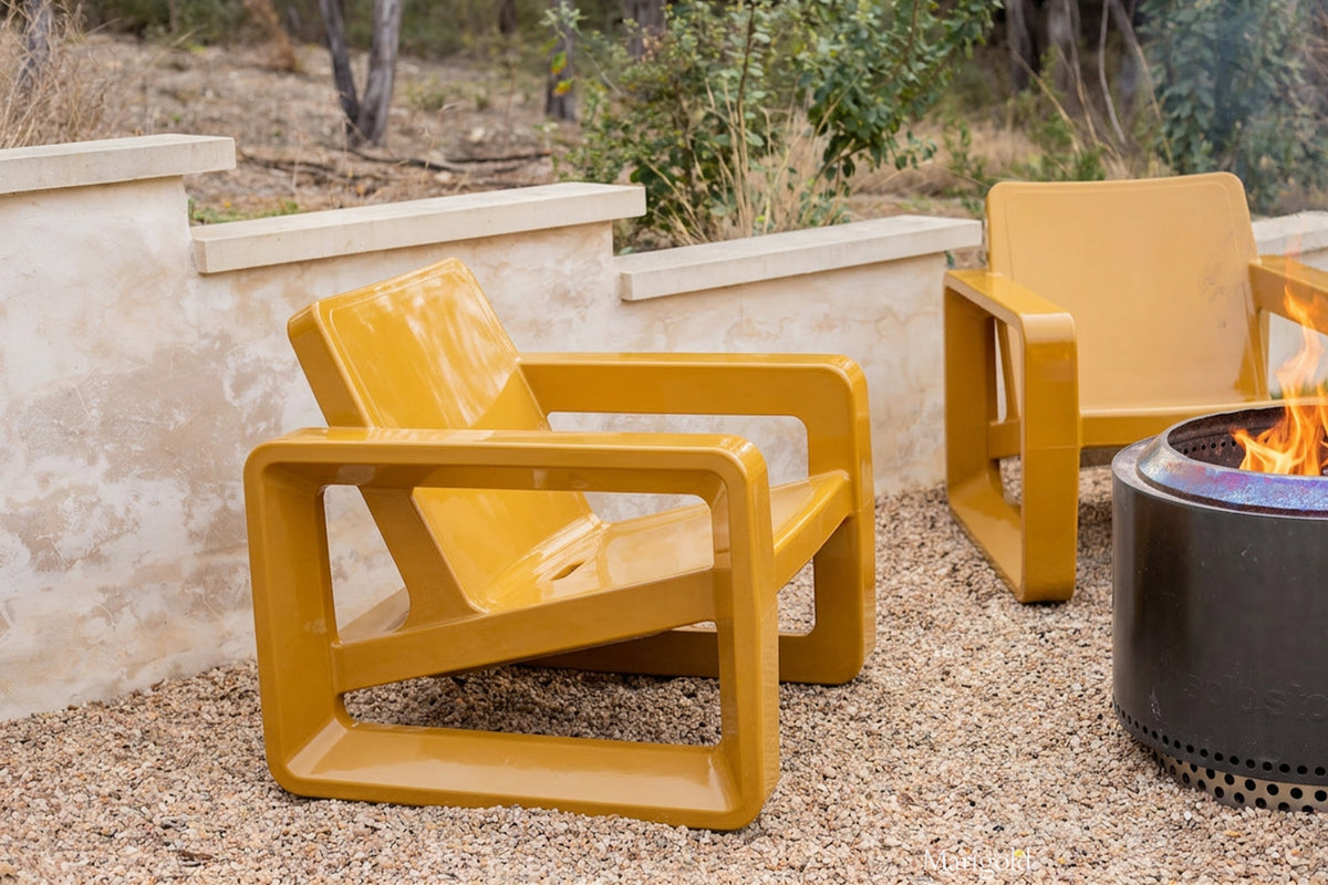 Deck Outdoor Lounge Chair, marigold, styled in a real room
