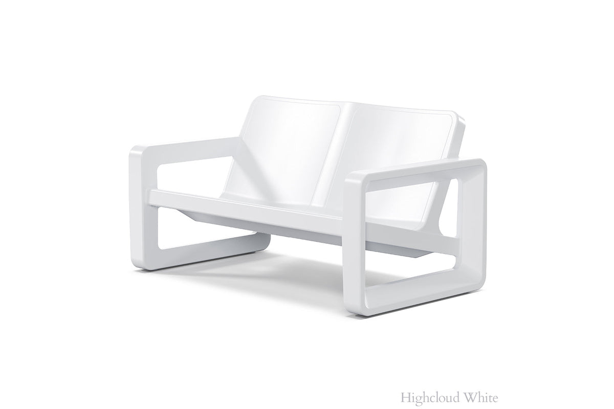 Deck Outdoor Loveseat, white, styled in a living room