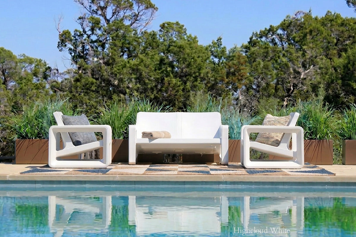 Deck Outdoor Loveseat, white, styled in a real room
