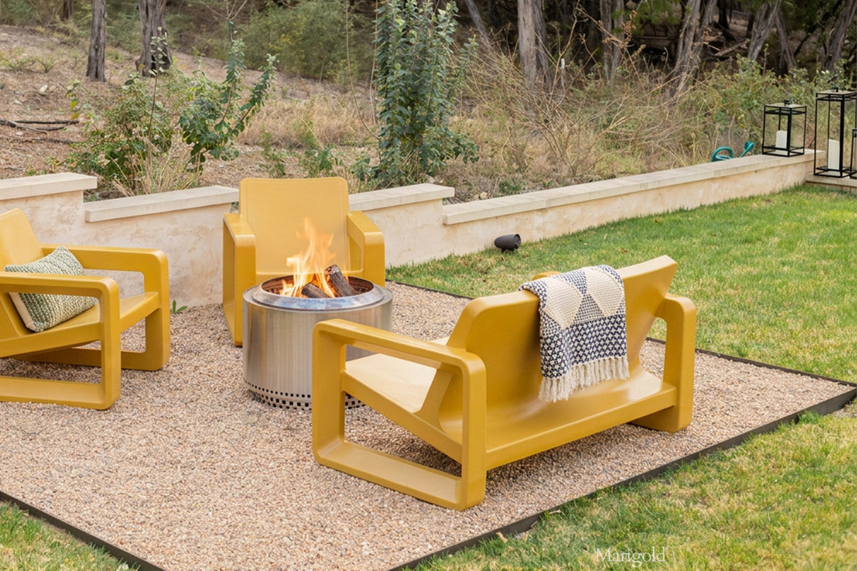 Deck Outdoor Loveseat, marigold, styled in a real room