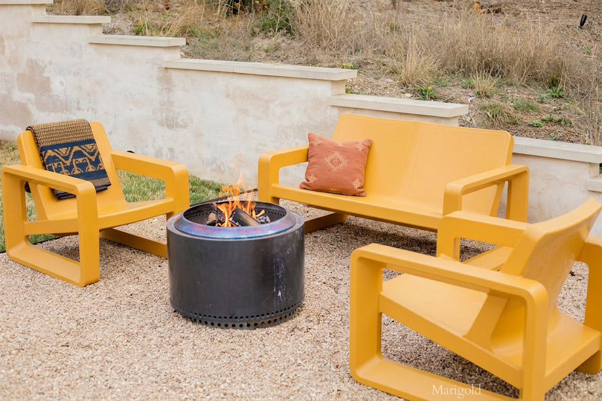 Deck Outdoor Loveseat, marigold, styled in a living room