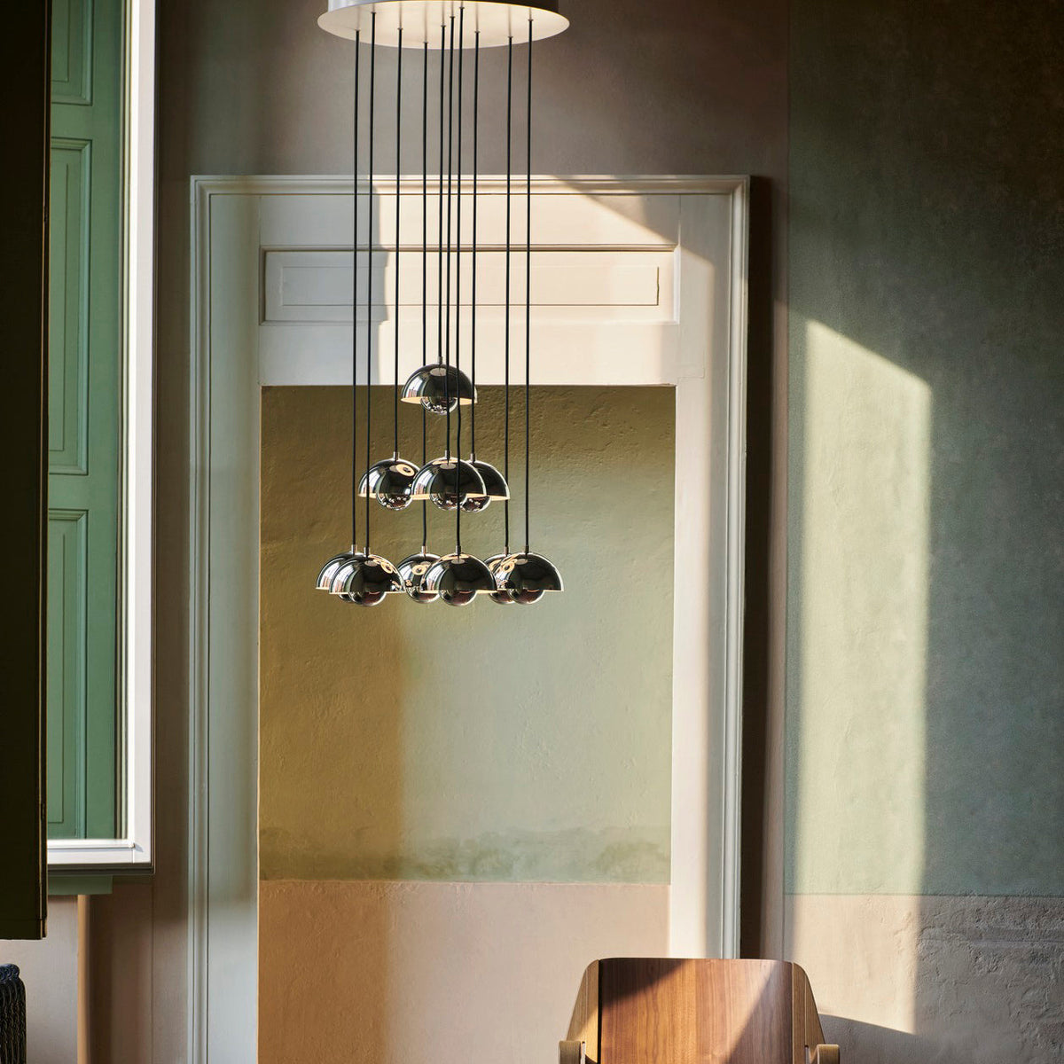 Duo Dome Ten-Light Chandelier, shade and material close up